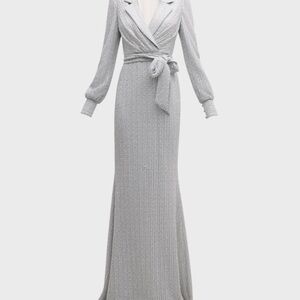 Badgley Mischka Gray Maxi Gown with Notched Collar and Bishop Sleeves